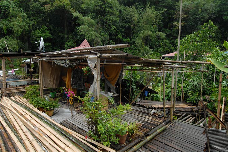 На длинных шестах сооружен бамбуковый настил, в обе стороны отходят отдельные домики-квартиры. Тут же пасутся куры, тусуются жители и кипит всяческая деревенская жизнь. И все это по сути в одном гнездодоме.
