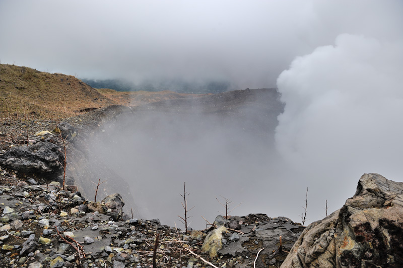 Активный кратер не совпадает с вершиной вулкана. Растительность вокруг выжжена. Раздирающий легкие в клочья сернистый газ густыми облаками облизывает мертвые ветки.

