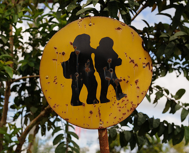 
              Знак, установленный в городе, населенном преимущественно батаками, удивительно точно отражает характерные черты фигуры и походку представителей этого племени. Дорожные знаки на Суматре не менее ржавые, чем двигающиеся по этим дорогам
              автомобили.
            