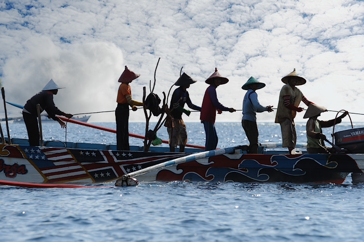 
              Лодки с рыбаками в остроконечных шляпах в профиль напоминают бревна поросшие мухоморами.
            