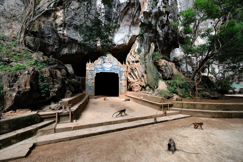 Окультуренный вход в пещеру обсижен многочисленными обезьянами.
